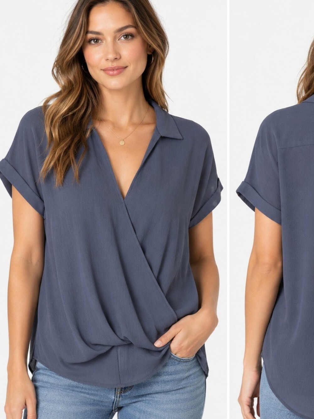 Lush Navy Blue Surplice Collared Blouse – XL